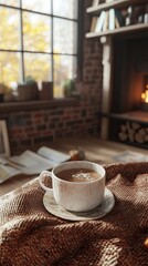 Cozy autumn setting with a cup of hot cocoa and a woolen blanket.