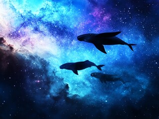 Fototapeta premium A surreal cosmic ocean where whales and manta rays swim through the air, leaving trails of stardust