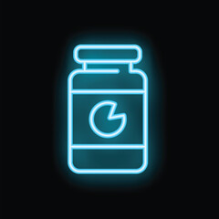 Blue neon sign of a jar of whey protein powder with a pie chart, glowing on a black background