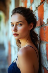 Naklejka premium arafed woman leaning against a brick wall with a blue dress