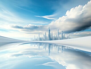 A surreal dreamscape with floating cities made of crystal, reflecting endless skies filled with soft swirling clouds