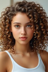 arafed woman with curly hair and a white tank top