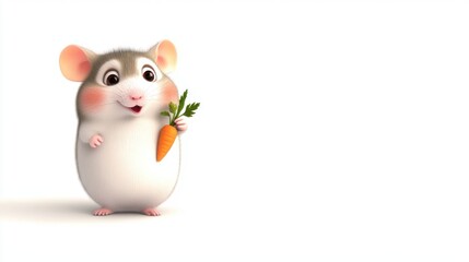 Fototapeta premium A cute hamster with big eyes and pink cheeks holding a carrot isolated on white background