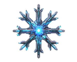 futuristic cyberpunk style snowflake with circuit like patterns, glowing blue center, and intricate design. This unique piece combines technology and nature in striking visual