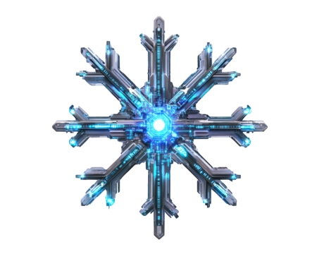 futuristic cyberpunk style snowflake with circuit like patterns, glowing blue center, and intricate design. This unique piece combines technology and nature in striking visual
