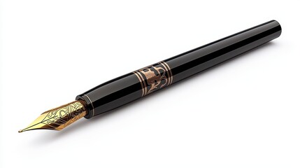 Naklejka premium Elegant Black Fountain Pen With Gold Accents On White Background