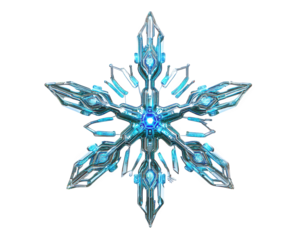 futuristic cyberpunk style snowflake with circuit like designs, glowing blue accents, and intricate details, symbolizing technology and winter