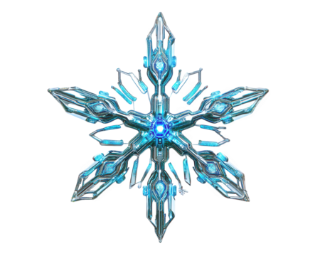 futuristic cyberpunk style snowflake with circuit like designs, glowing blue accents, and intricate details, symbolizing technology and winter