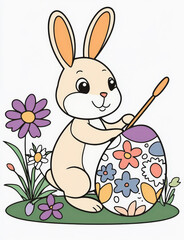 Adorable conejito naranja de dibujos animados pintando un huevo de pascua con flores coloridas, en un campo con margaritas moradas y blancas, sobre fondo blanco