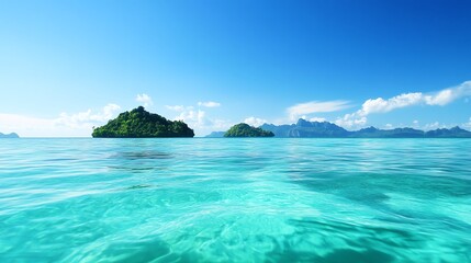 Fototapeta premium A surreal ocean where entire islands hover just above the water, never fully touching the waves