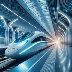 Futuristic train at a station. High speed transportation concept with modern design.