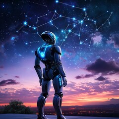 Fototapeta premium fantasy-themed image of an AI automaton charting constellations in a glowing sky