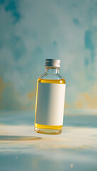 Aromatic oil in a sleek bottle with minimalist blank label against soft backdrop