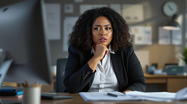 A plus-size Hispanic woman faces tough choices at work, balancing stress with resilience. Una mujer hispana de talla grande afronta decisiones dif&iacute;ciles, equilibrando el estr&eacute;s con resiliencia.