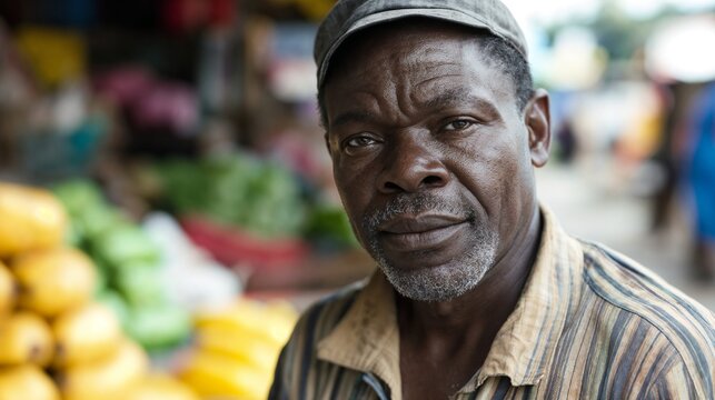 African farmer at local market stall. Perfect for agriculture, local food, and authentic market lifestyle content.