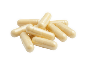 pile of yellow capsules on smooth surface, representing health supplements and vitamins. These capsules are often used for probiotics and other dietary needs