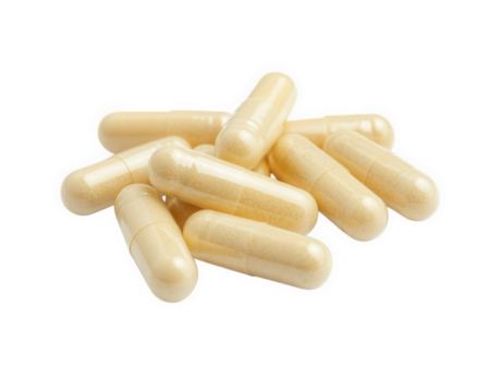 pile of yellow capsules on smooth surface, representing health supplements and vitamins. These capsules are often used for probiotics and other dietary needs