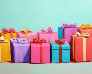 Fototapeta premium A colorful arrangement of gift boxes with cheerful bows, perfect for celebrations and festive occasions.