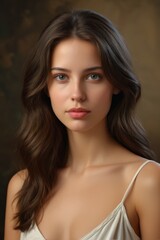 Obraz premium arafed woman with long brown hair and a white dress