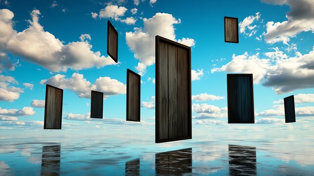 A surreal world where floating doors constantly open and close, leading to different moments in history