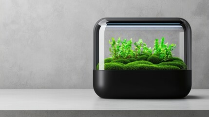 Modern Black Terrarium with Green Moss and Plants