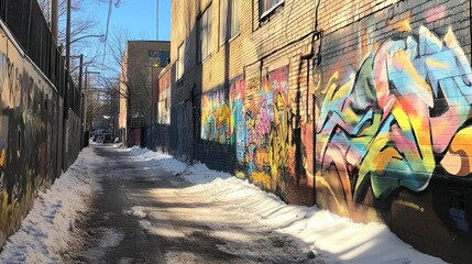 Fototapeta premium A snow-covered alley adorned with vibrant street art on brick walls.