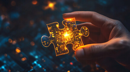 A digital hand holds an illuminated puzzle piece, symbolizing the synergy between AI and human creativity in marketing strategy development.