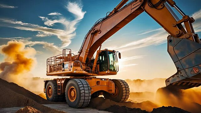 Heavy-duty excavator at a construction site moving soil under a dramatic sky with dust and powerful machinery in action

