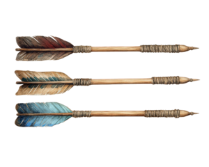 Vintage arrows with colorful feathers, crafted from wood and twine, isolated on transparency background. Perfect for historical themes or artistic projects