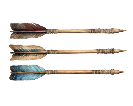 Vintage arrows with colorful feathers, crafted from wood and twine, isolated on transparency background. Perfect for historical themes or artistic projects