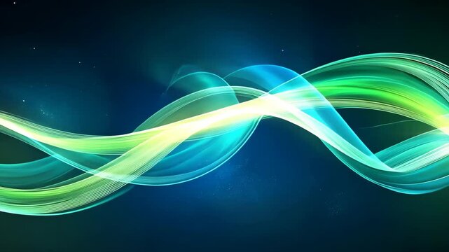 Flowing neon light waves in abstract motion on a dark background with twinkling particles