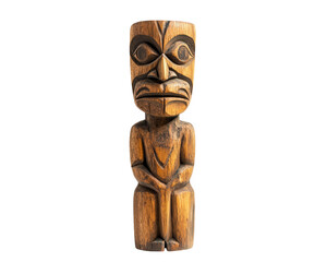minimalist wooden totem pole with intricate carvings, isolated on transparency background,...