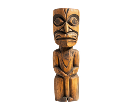 minimalist wooden totem pole with intricate carvings, isolated on transparency background, showcasing craftsmanship and cultural significance