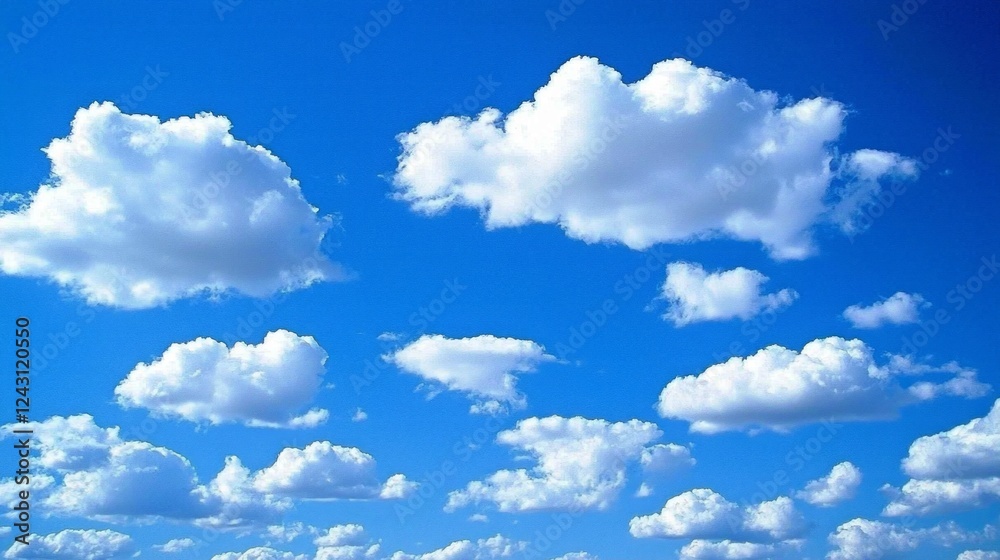 Poster fluffy clouds float effortlessly against a brilliant blue sky, creating a serene atmosphere. the sun