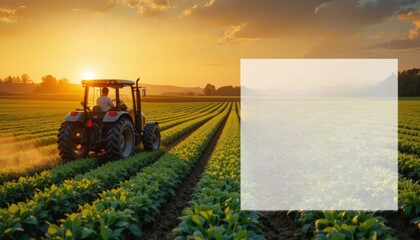A silhouette of a tractor working in a lush green field at dusk, with the warm glow of sunset creating an idyllic farming atmosphere
