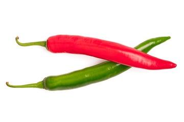 Red and green chilli pepper on white background.