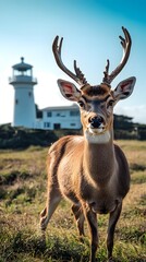 Photo of a scenic adventure, with a deer in the foreground, a lighthouse in the background
