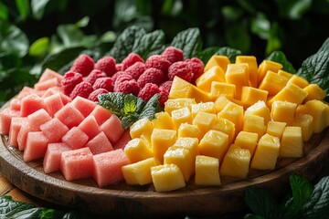 An assortment of ripe tropical fruits in a vivid display, bursting with bright colors and natural freshness. generative ai