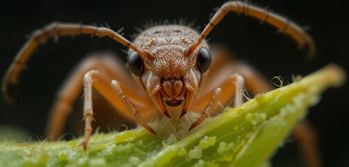 An extreme close-up of an ant using its powerful mandibles to tear a leaf, showcasing the fine details of its mouthparts and the texture of the leaf’s surface.