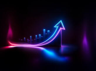 Naklejka premium Bright neon arrow, glowing pink and blue, curves upward against a dark backdrop. Bar graphs follow the arrow's path, suggesting growth and positive direction in a modern, vibrant style.