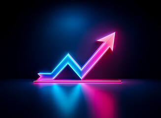 Neon arrow sign in vibrant pink and blue glows against a dark backdrop. The upward pointing arrow symbolizes growth and positive direction.  A modern, illuminated representation of progress.