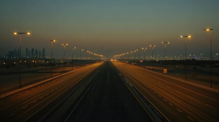 Empty highway at night with city lights  

