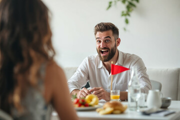 Warning signs in dating highlighted by a red flag during a restaurant date