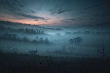 Fototapeta premium Misty Twilight Landscape with Eerie Atmosphere and Dark Haze