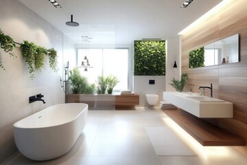 Stylish green plant decor enhances the elegance of the bathroom.