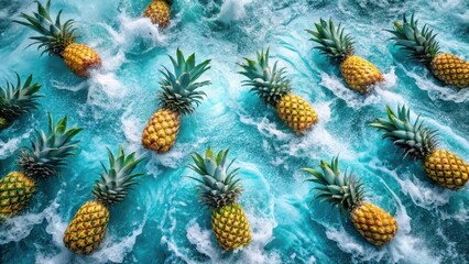 Fototapeta premium Oceanic Pineapple Paradise A Vibrant Tropical Scene of Ripe Pineapples Floating on Azure Waters