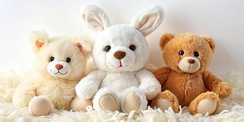 Adorable teddy bear and fluffy white bunny against a clean white background. Ample copy space.