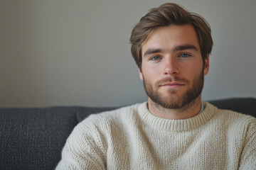 Fototapeta premium A young man with light brown hair and a beard sits on a couch, looking directly at the camera.