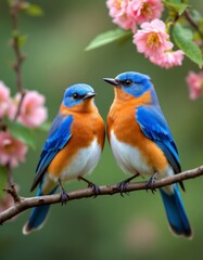 Obraz premium Eastern Bluebirds Perched Peacefully Among Blossoming Pink Cherry Flowers