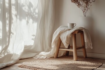 Peaceful bohemian living space with wicker and cushions